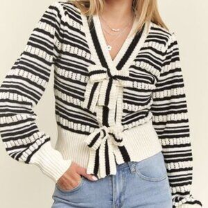 Urban Daizy Sandie Striped Bow Cardigan, Black and Ivory - NWOT